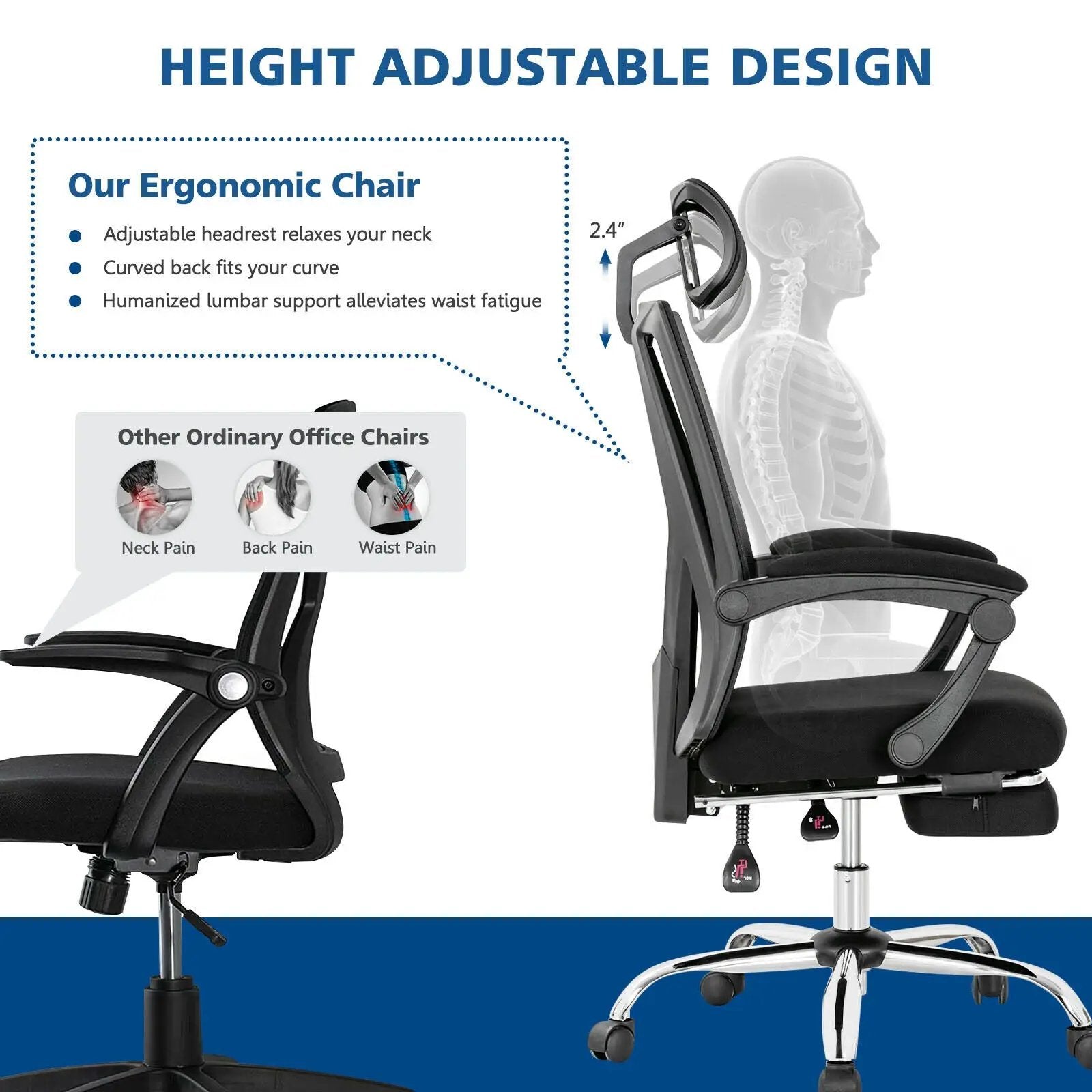 Ergonomic Recliner Mesh Office Chair with Adjustable Footrest-Black by DirectDeals