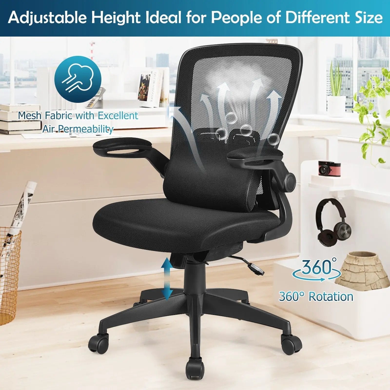 Ergonomic Desk Chair with Lumbar Support and Flip up Armrest-Black by DirectDeals