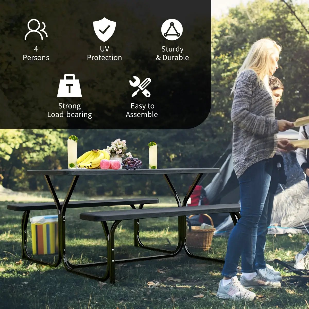 HDPE Outdoor Picnic Table Bench Set with Metal Base by DirectDeals
