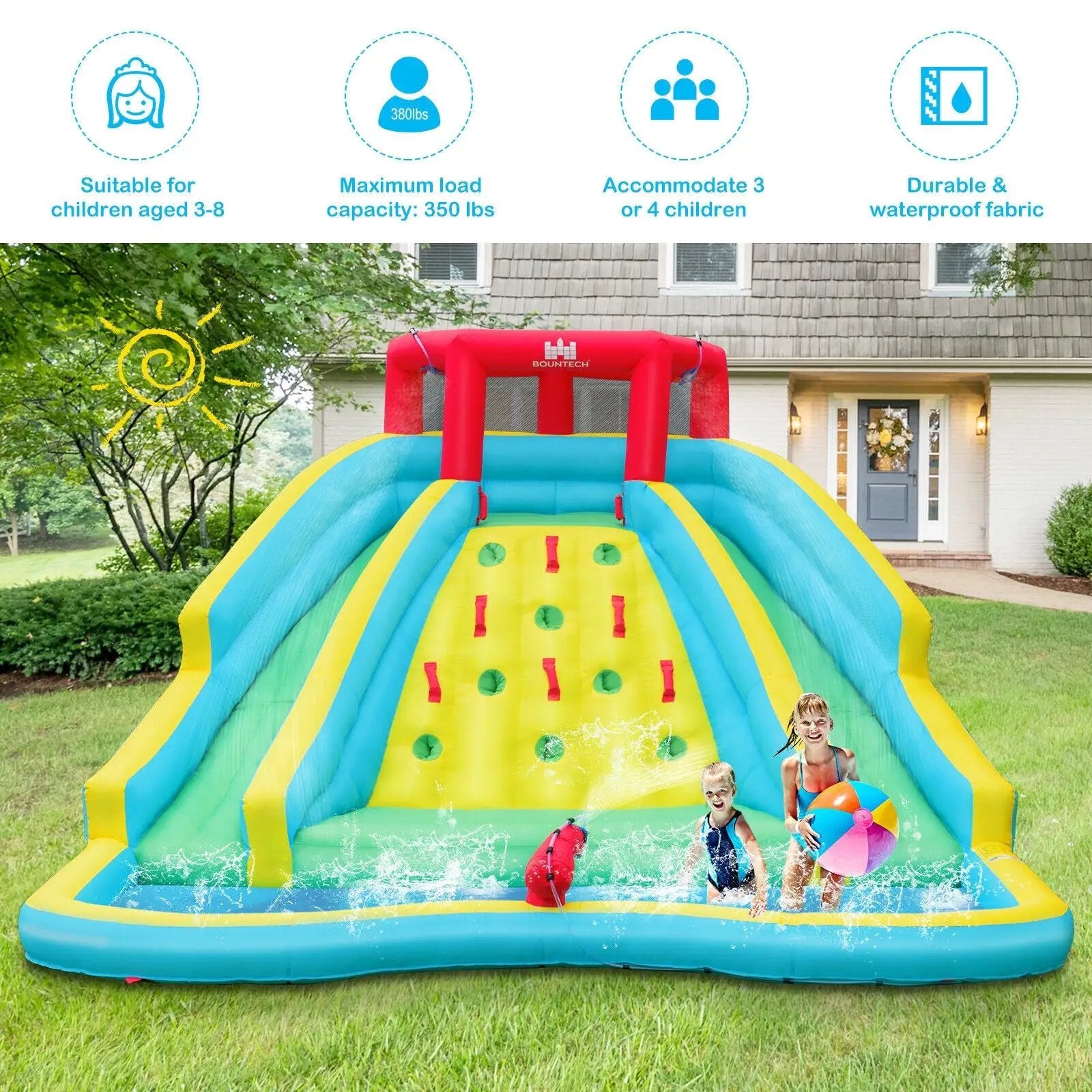 Inflatable Water Park Bounce House with Double Slide and Climbing Wall with 735W Blower by DirectDeals