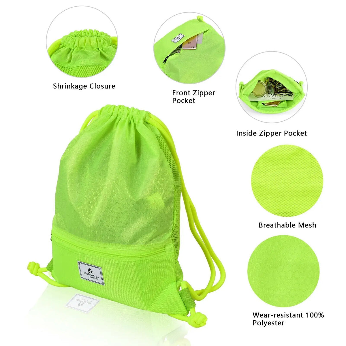 Drawstring Backpack String Bag Foldable Sports Sack with Zipper Pocket-Green by DirectDeals