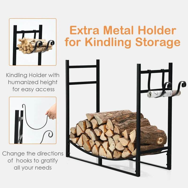33 Inch Firewood Rack with Removable Kindling Holder Steel Fireplace Wood by DirectDeals