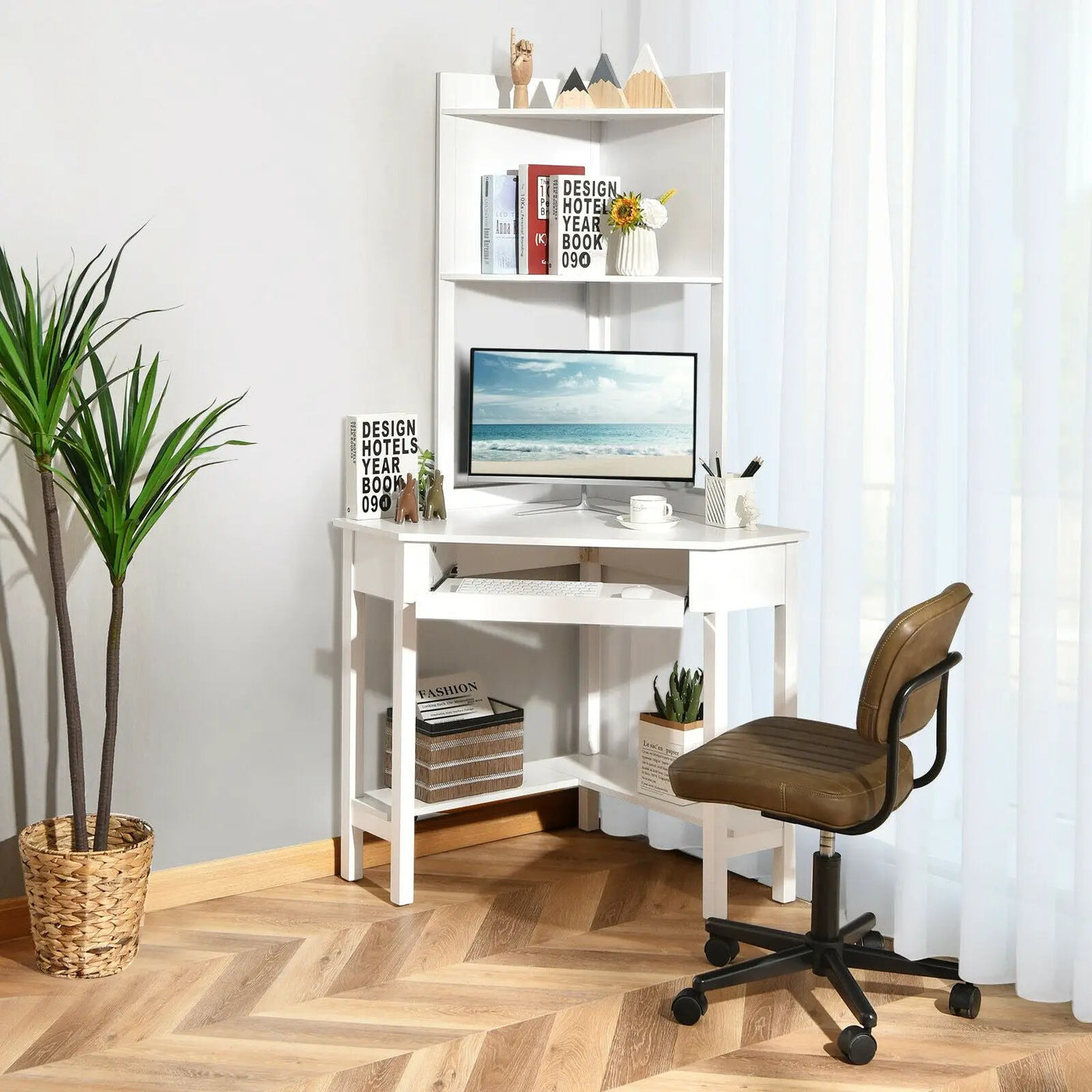 Corner Computer Desk with Hutch and Storage Shelves by DirectDeals