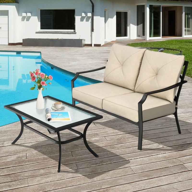 2 Pieces Patio Outdoor Cushioned Sofa Bench with Coffee Table-Beige by DirectDeals