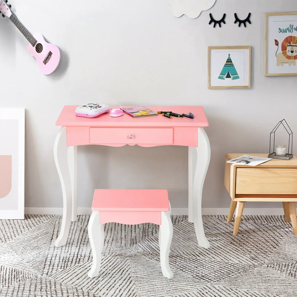 Kids Vanity Princess Makeup Dressing Table Stool Set with Mirror and Drawer by DirectDeals