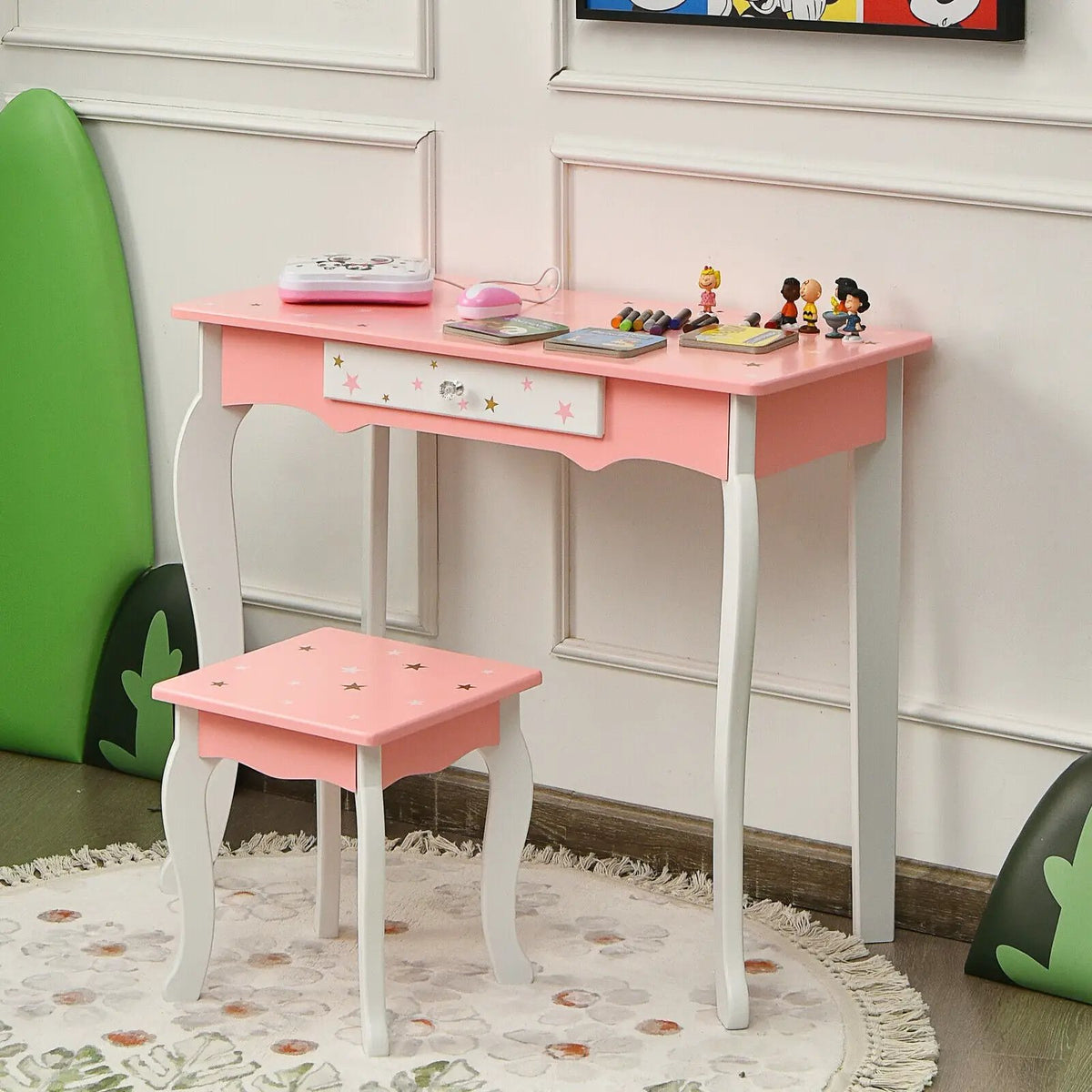 Kids Princess Vanity Table and Stool Set with Tri-folding Mirror and Drawer by DirectDeals