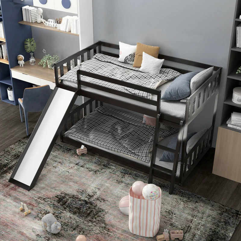 Twin over Twin Bunk Wooden Low Bed with Slide Ladder for Kids by DirectDeals