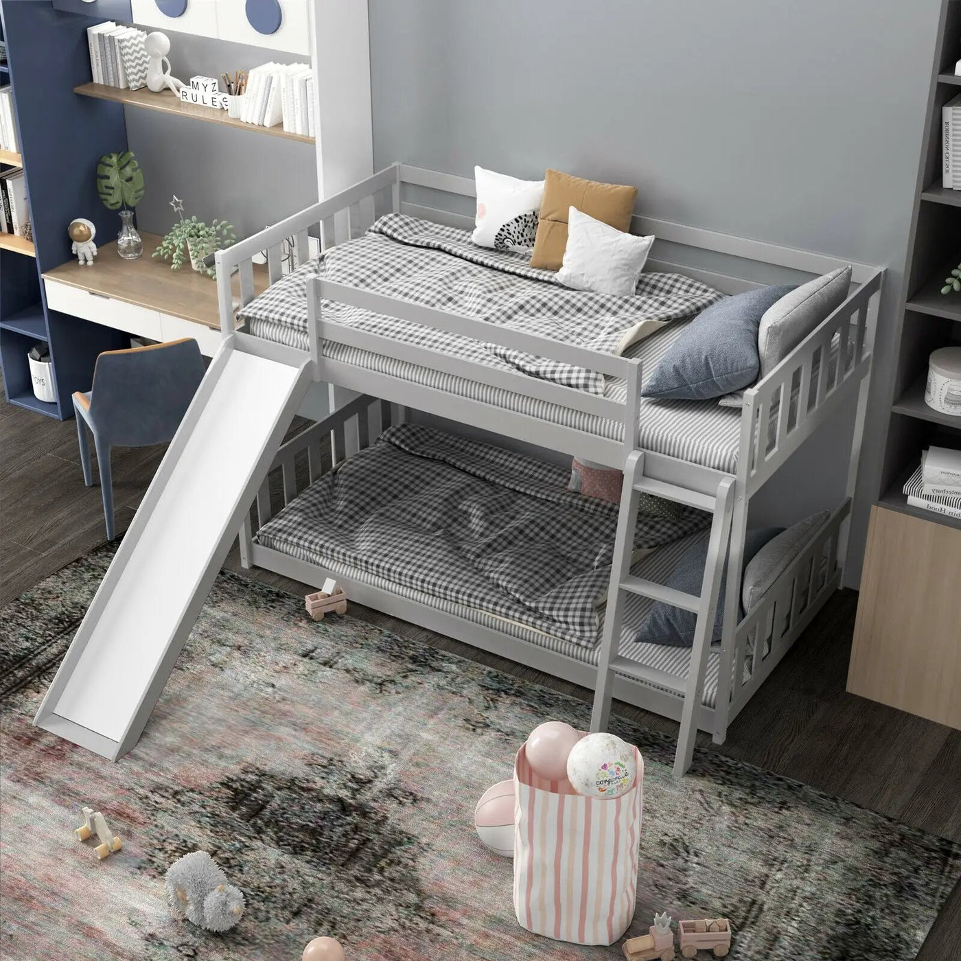 Twin over Twin Bunk Wooden Low Bed with Slide Ladder for Kids by DirectDeals