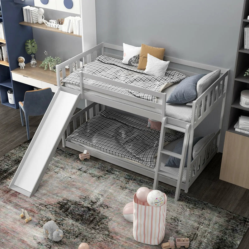 Twin over Twin Bunk Wooden Low Bed with Slide Ladder for Kids by DirectDeals