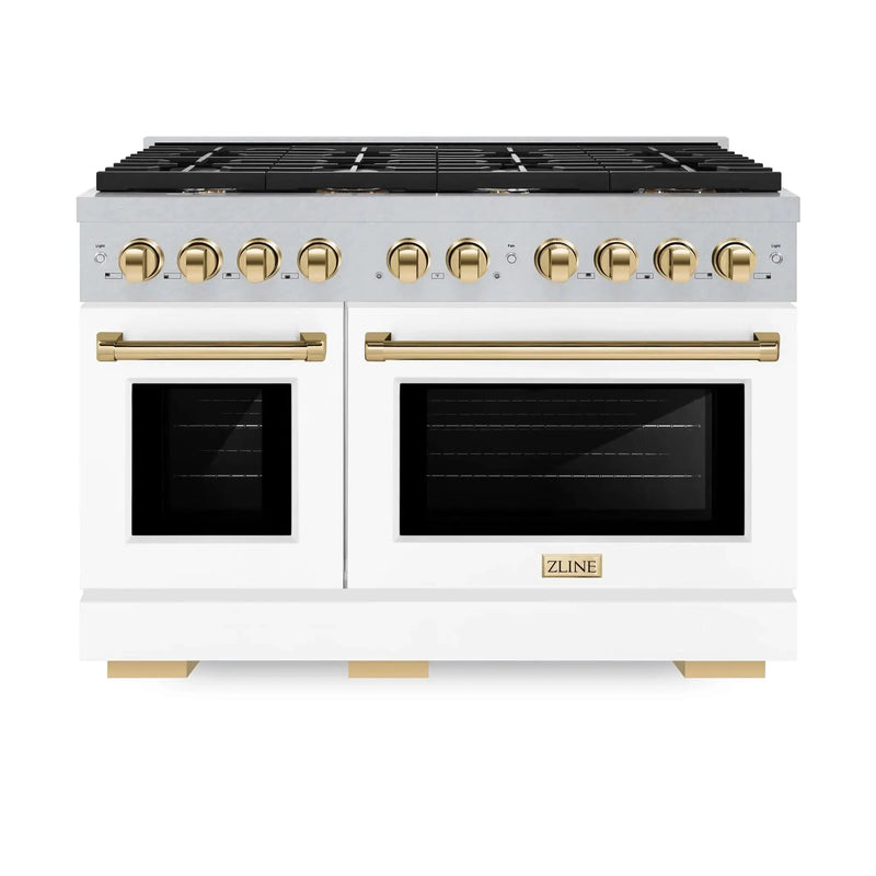 ZLINE 48"Paramount Dual Fuel Range DuraSnow® White Matte, Gold SDRSZ-WM-48-G by Farmhouse Kitchen and Bath