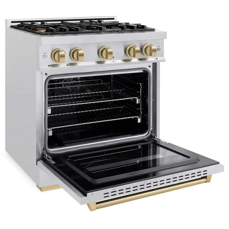 ZLINE 30" Dual Fuel Range, Gas Cooktop, Electric Convection Oven DuraSnow® Stainless Steel, Champagne Bronze CDRSZ-30-CB by Farmhouse Kitchen and Bath