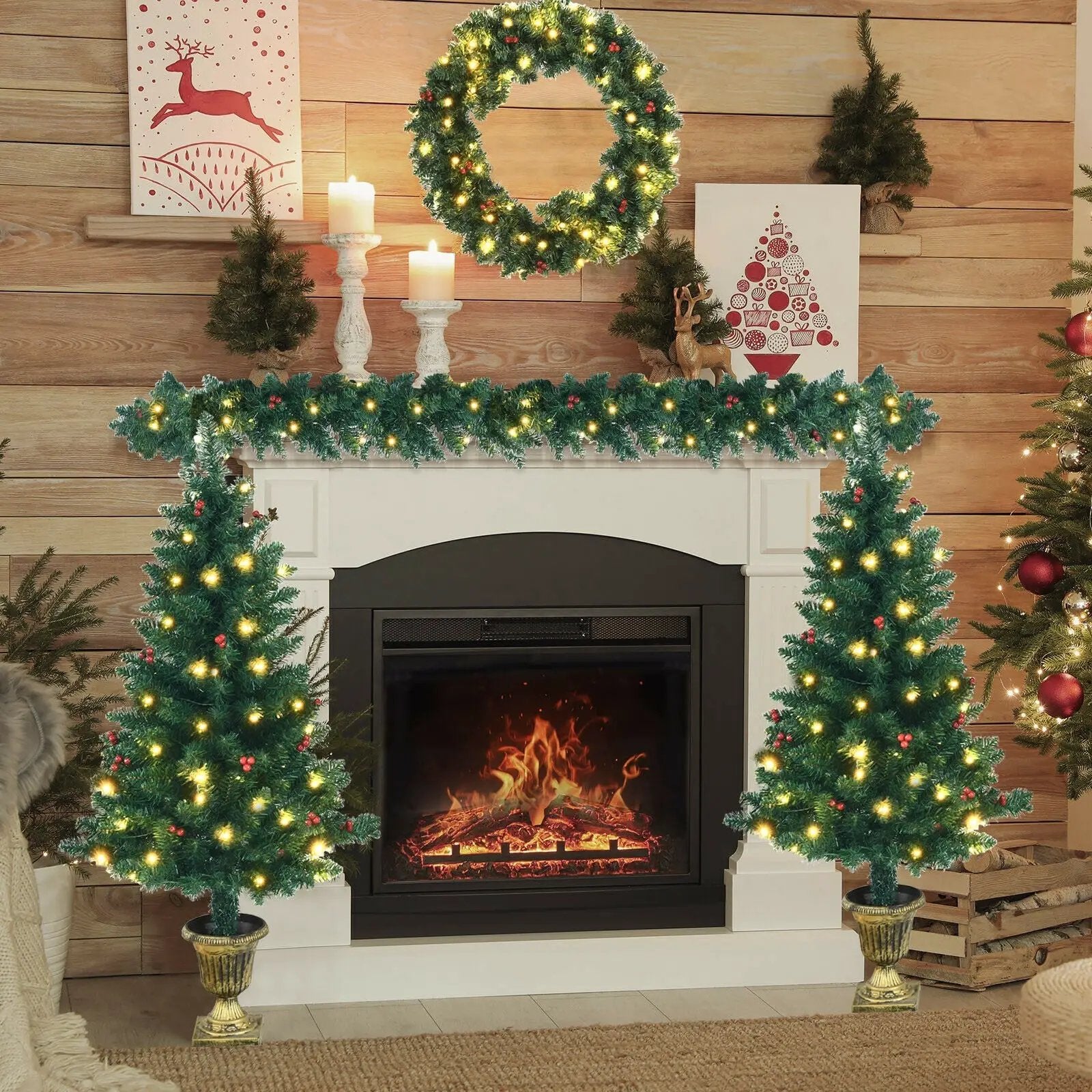 4 Pieces Christmas Decoration Set with Garland Wreath and Entrance Trees by DirectDeals