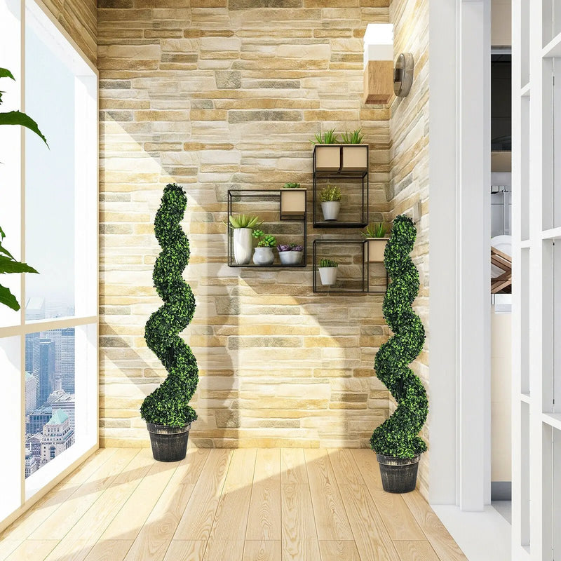 2 Pack 4 Feet Artificial Spiral Boxwood Topiary Indoor Outdoor Decor by DirectDeals