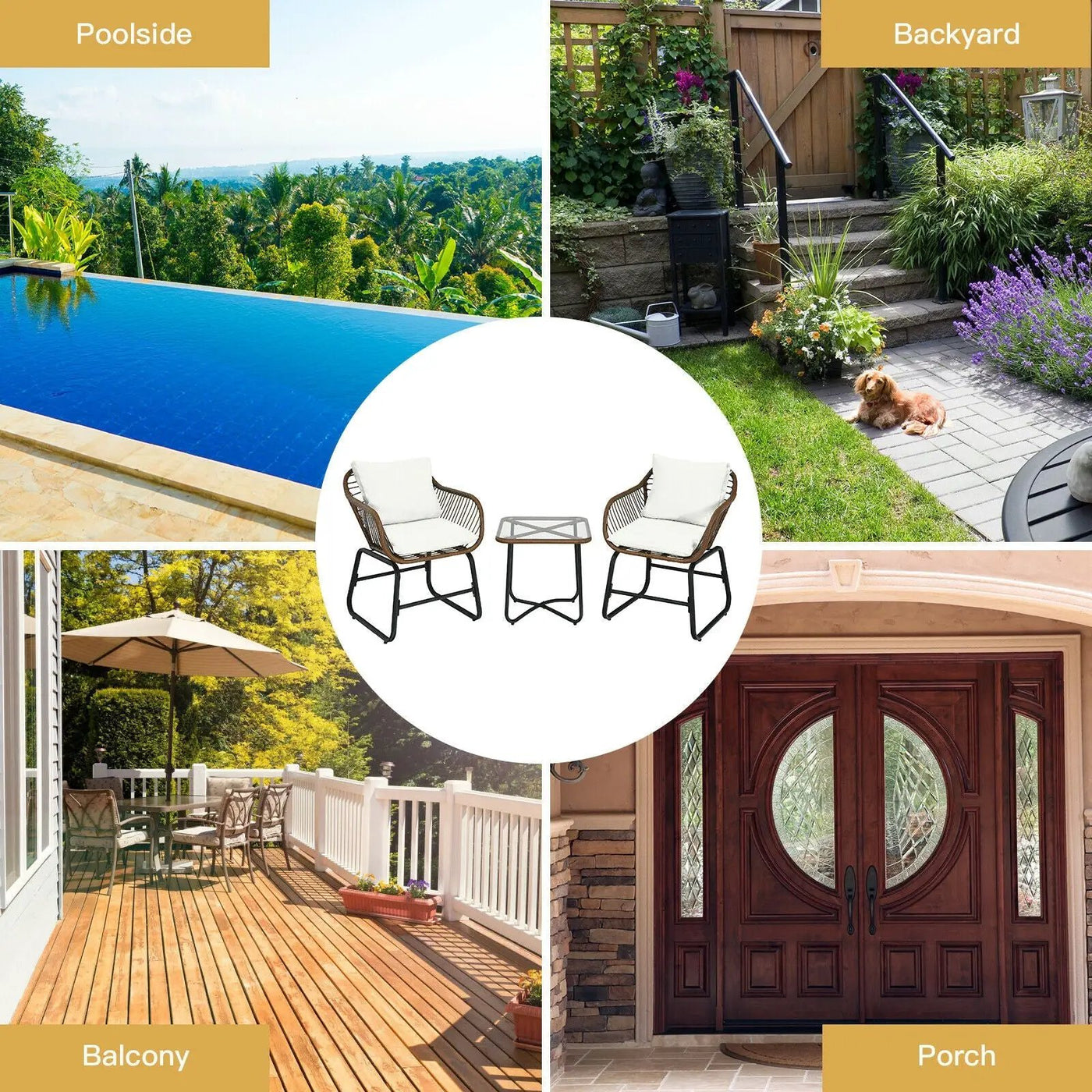 3 Pieces Patio Rattan Bistro Set Cushioned Chair Glass Table Deck by DirectDeals