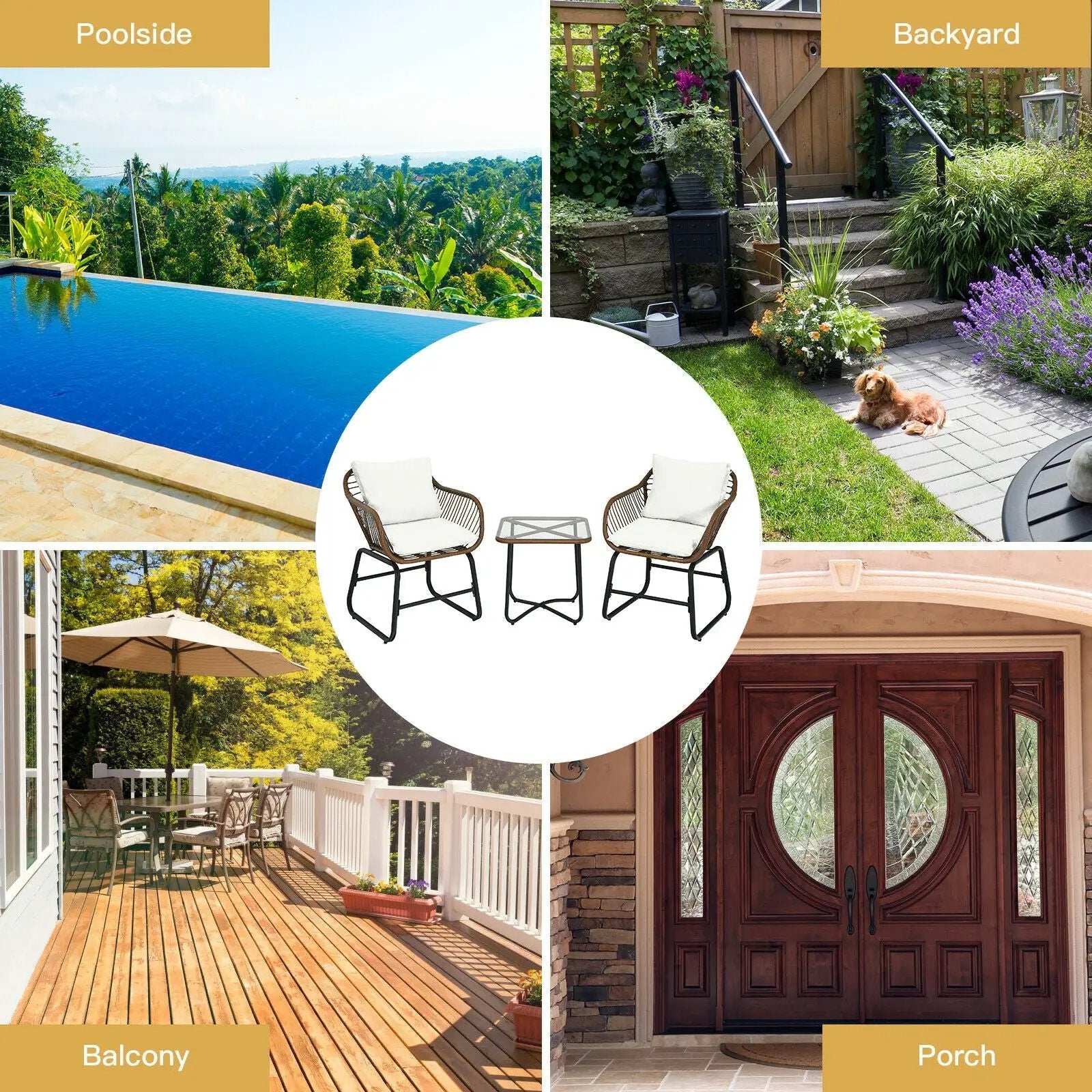 3 Pieces Patio Rattan Bistro Set Cushioned Chair Glass Table Deck by DirectDeals