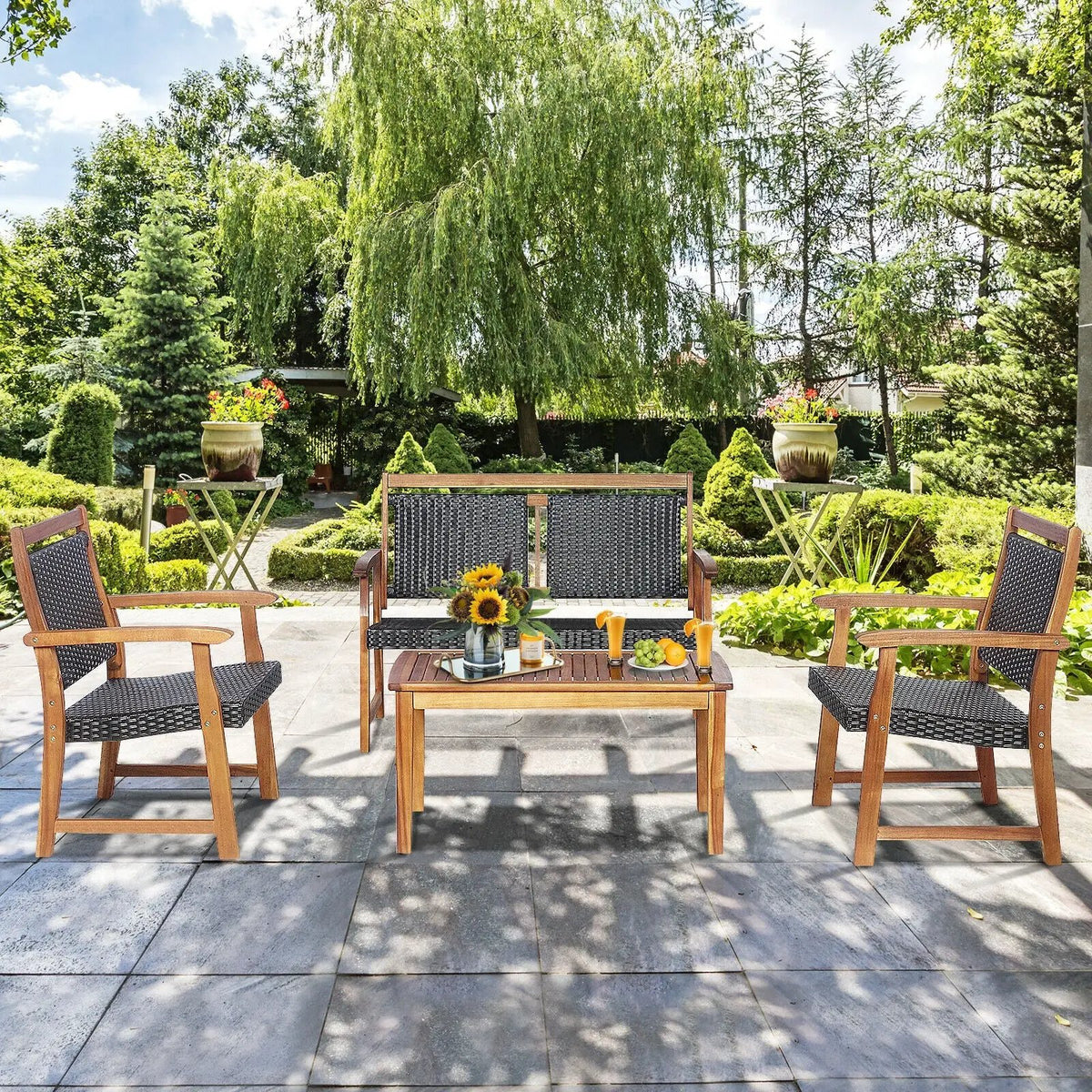 4 Pieces Outdoor Patio Rattan Furniture Sofa Set with Acacia Wood Frame by DirectDeals