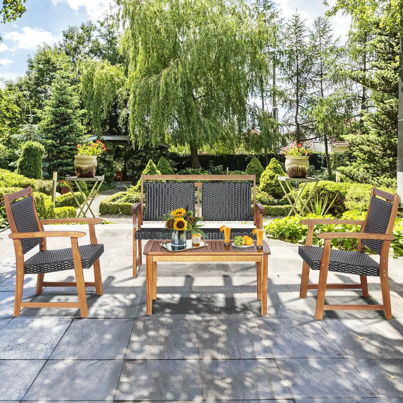 4 Pieces Outdoor Patio Rattan Furniture Sofa Set with Acacia Wood Frame by DirectDeals