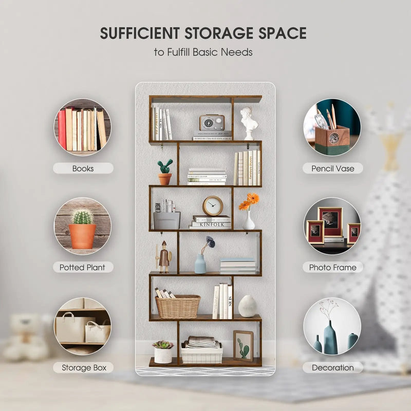 6 Tier S-Shaped Bookshelf Storage Display Bookcase Decor Z-Shelf by DirectDeals