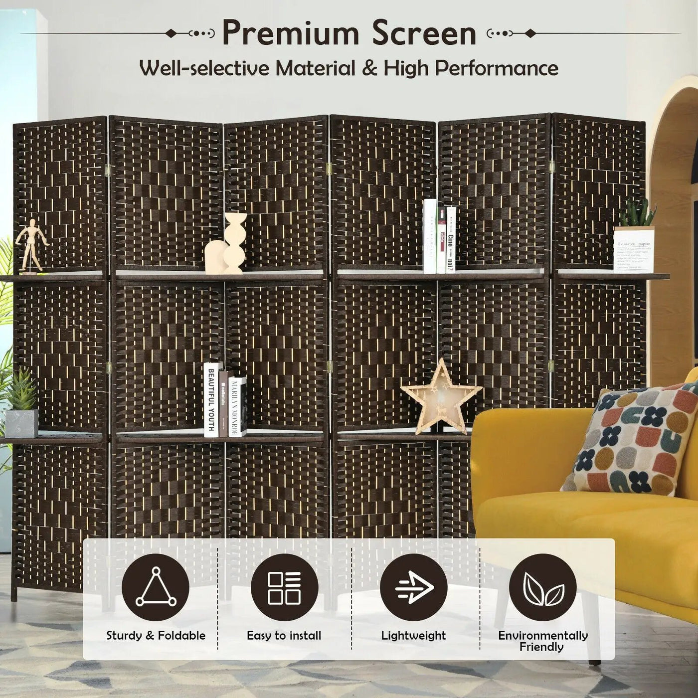 6 Panel Folding Weave Fiber Room Divider with 2 Display Shelves by DirectDeals