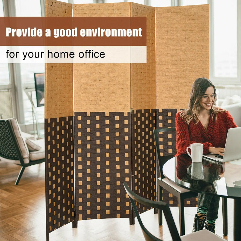 4 Panel Portable Folding Hand-Woven Wall Divider Suitable for Home Office-Brown by DirectDeals