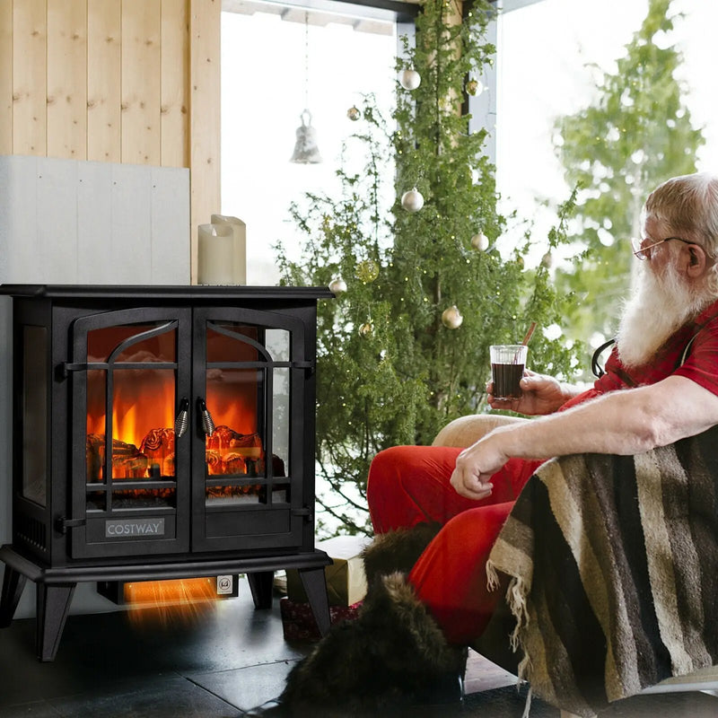 25 Inch Freestanding Electric Fireplace Heater with Realistic Flame effect-Black by DirectDeals