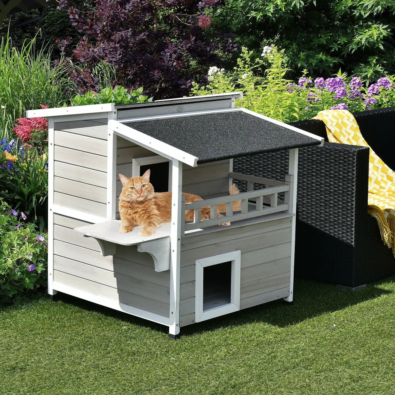 2-Story Wooden Patio Luxurious Cat Shelter House Condo with Large Balcony by DirectDeals