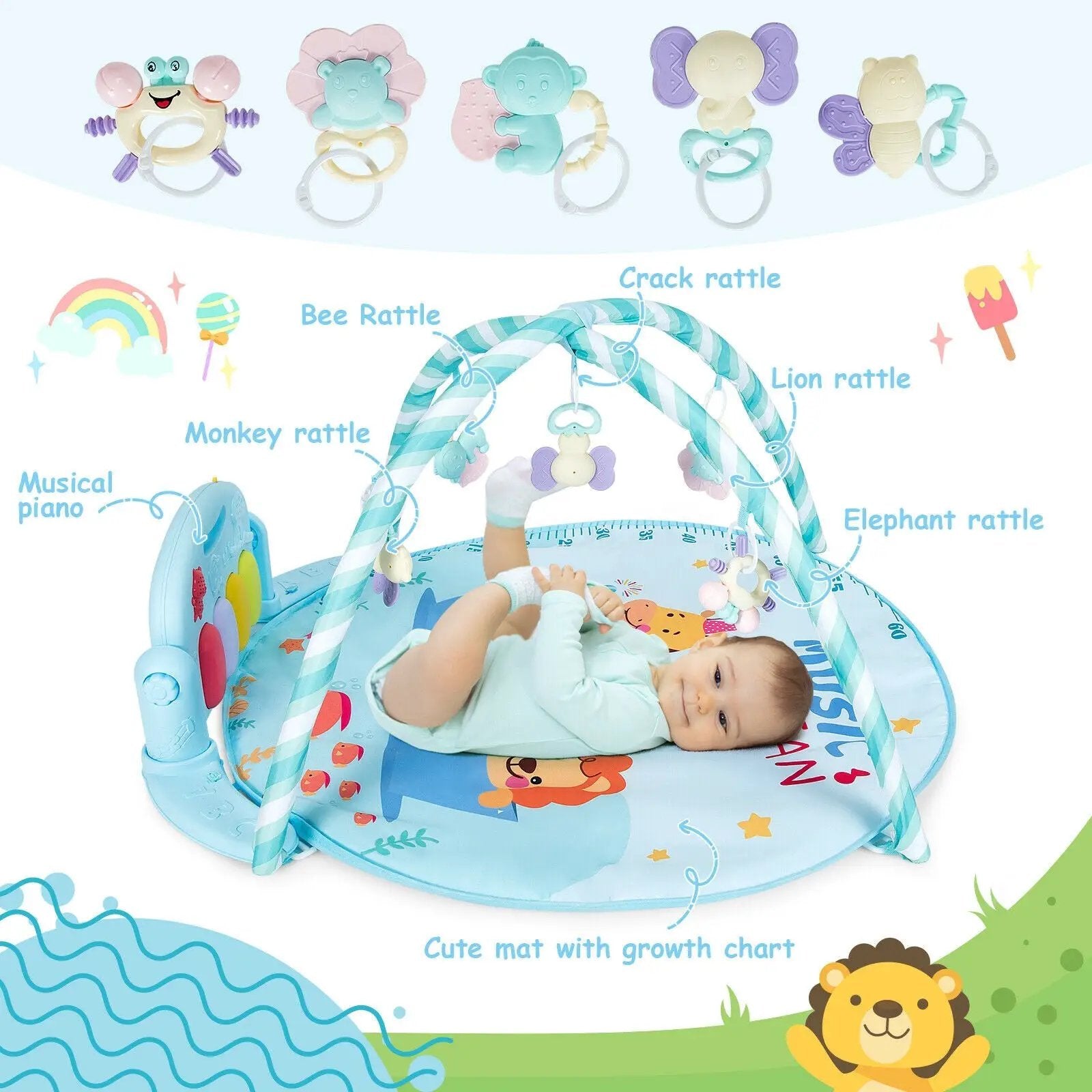 Baby Activity Play Piano Gym Mat with 5 Hanging Sensory Toys by DirectDeals
