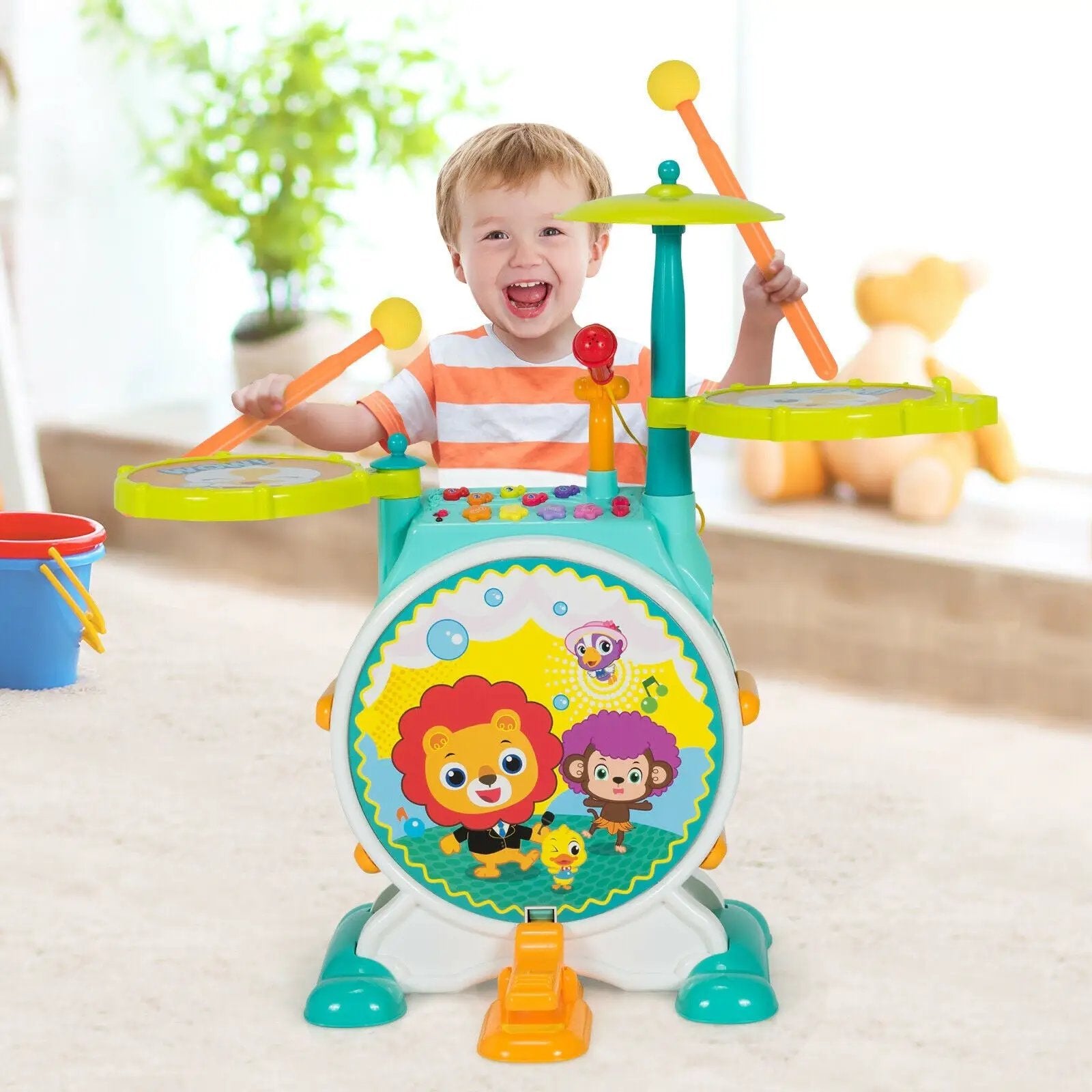 3 Pieces Electric Kids Drum Set with Microphone Stool Pedal by DirectDeals