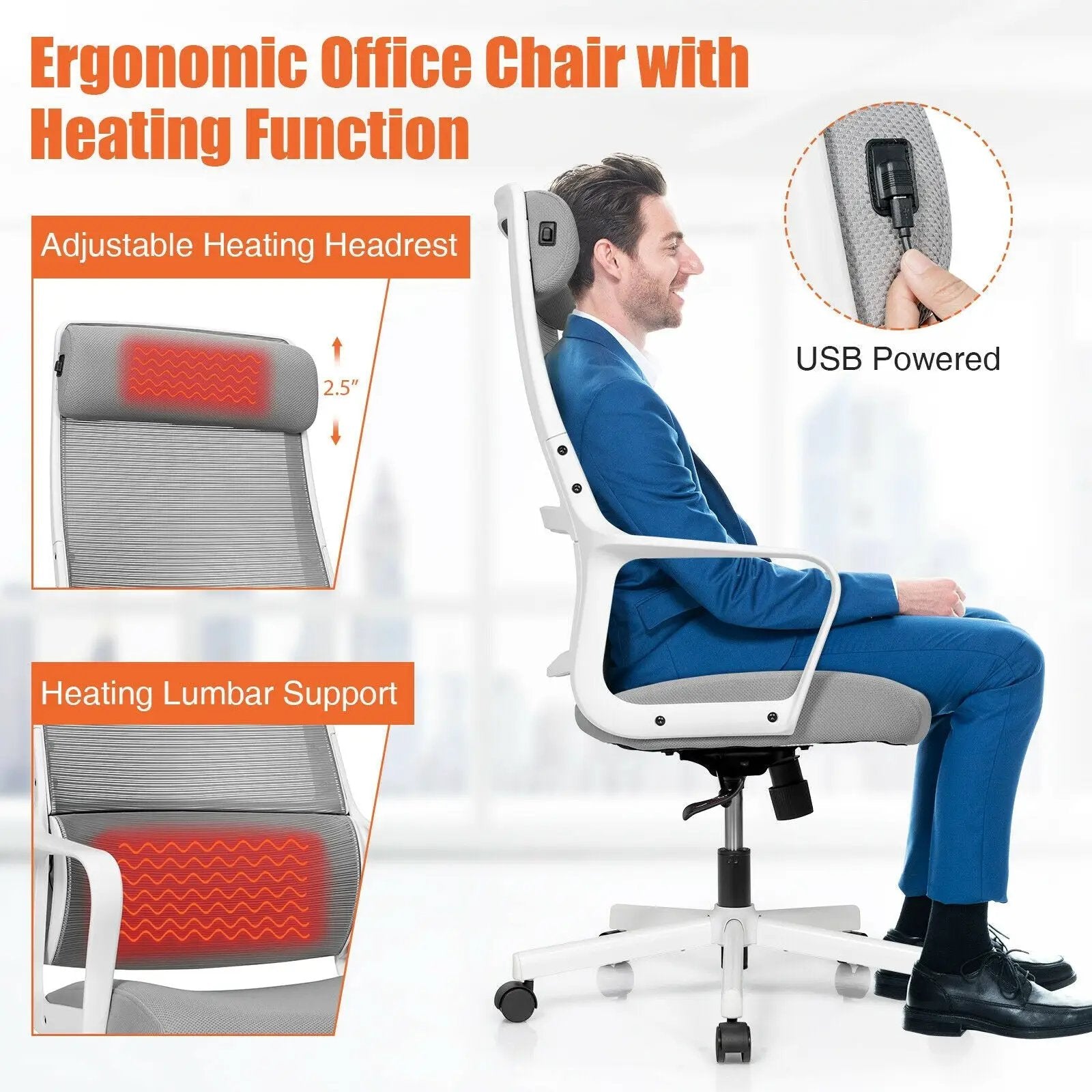 Adjustable Mesh Office Chair with Heating Support Headrest by DirectDeals