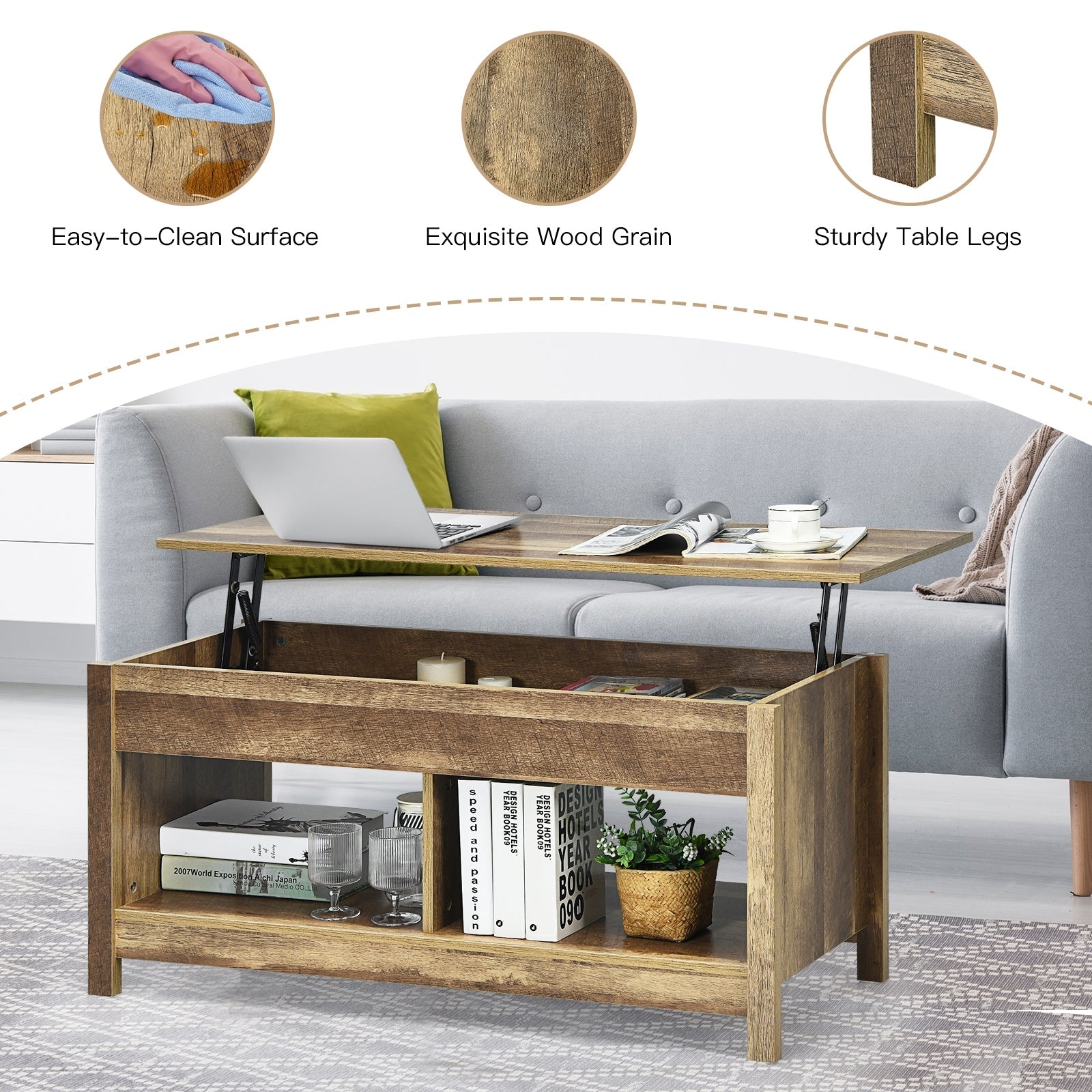 Lift Top Coffee Table with Hidden Storage Compartment and Lower Shelf for Study Room by DirectDeals