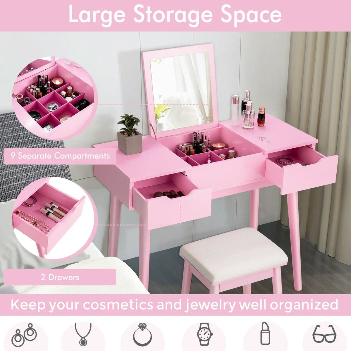Makeup Vanity Table Set with Flip Top Mirror and 2 Drawers by DirectDeals