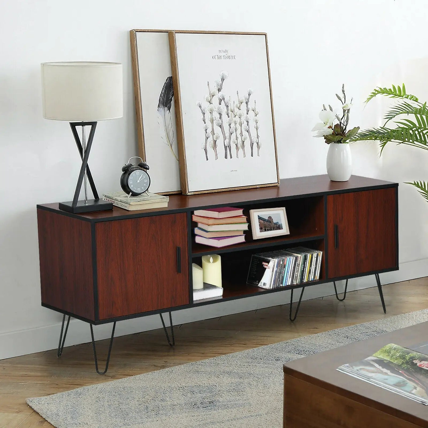 Retro Modern TV Stand with 6 Metal Legs for TVs up to 65 Inch with 2 Cable Holes by DirectDeals