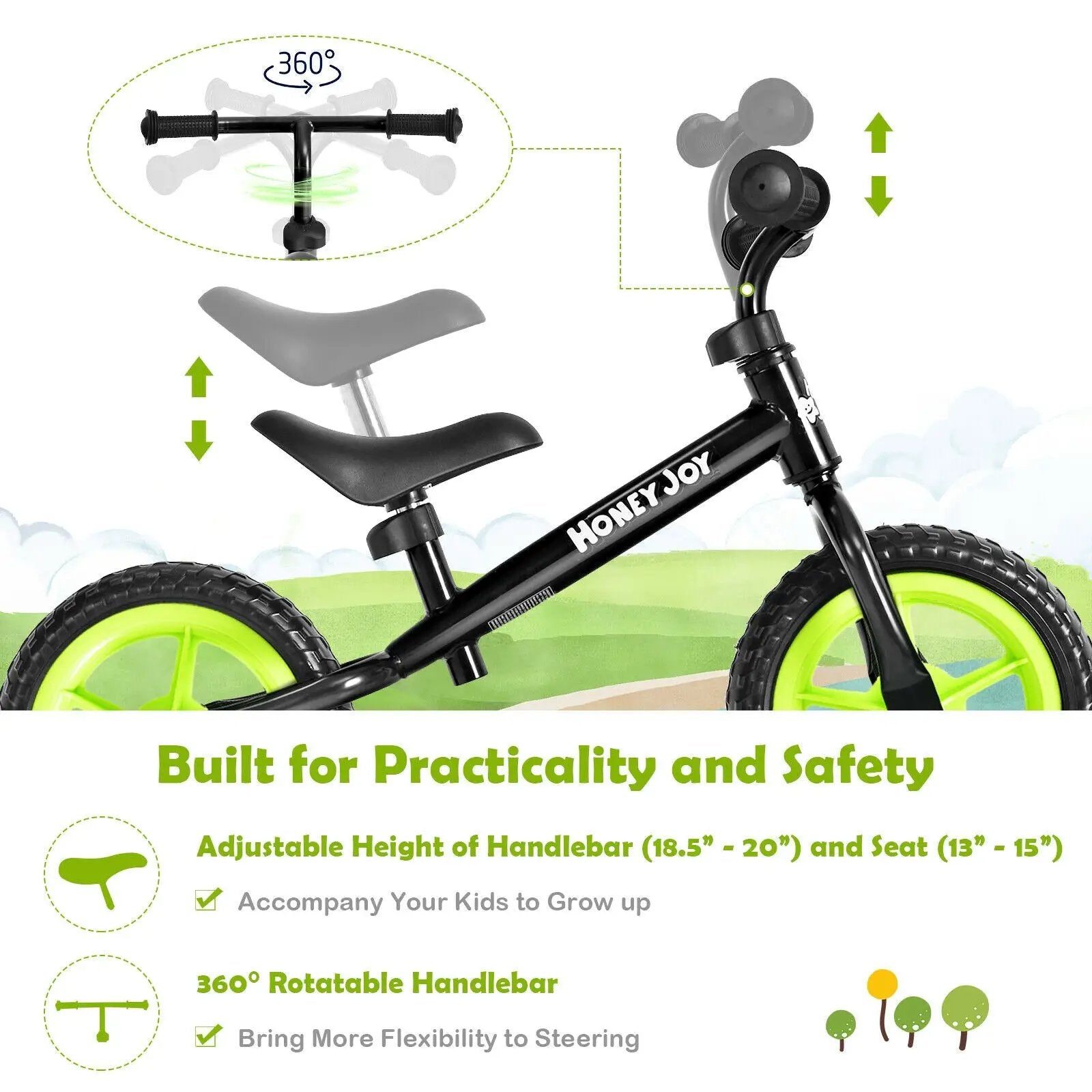 Kids No Pedal Balance Bike with Adjustable Handlebar and Seat-Black by DirectDeals