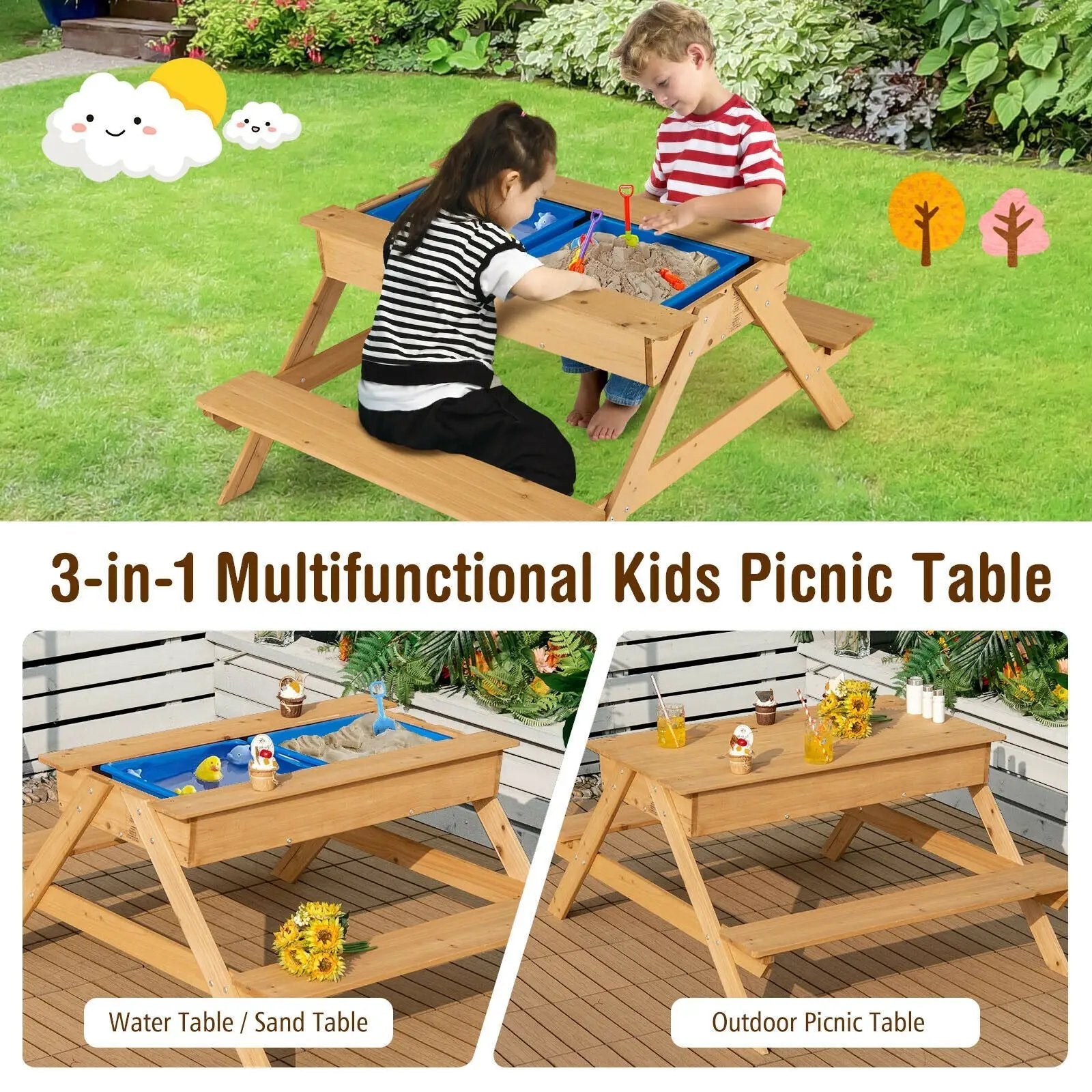 3-in-1 Kids Picnic Table Wooden Outdoor Water Sand Table with Play Boxes by DirectDeals