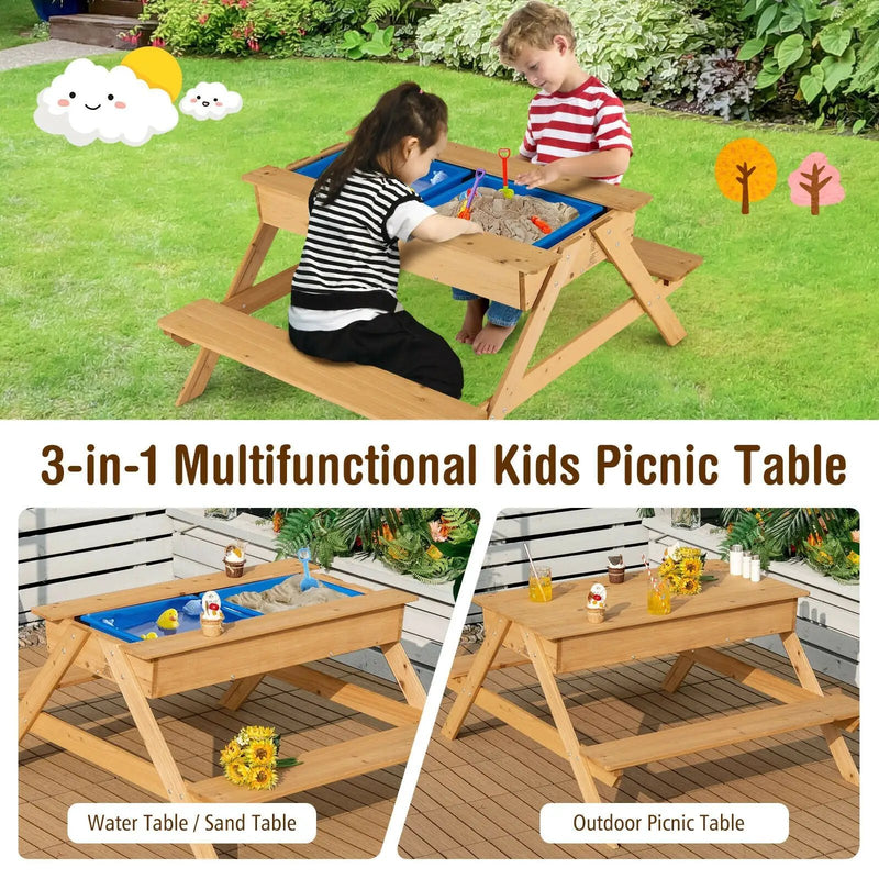 3-in-1 Kids Picnic Table Wooden Outdoor Water Sand Table with Play Boxes by DirectDeals