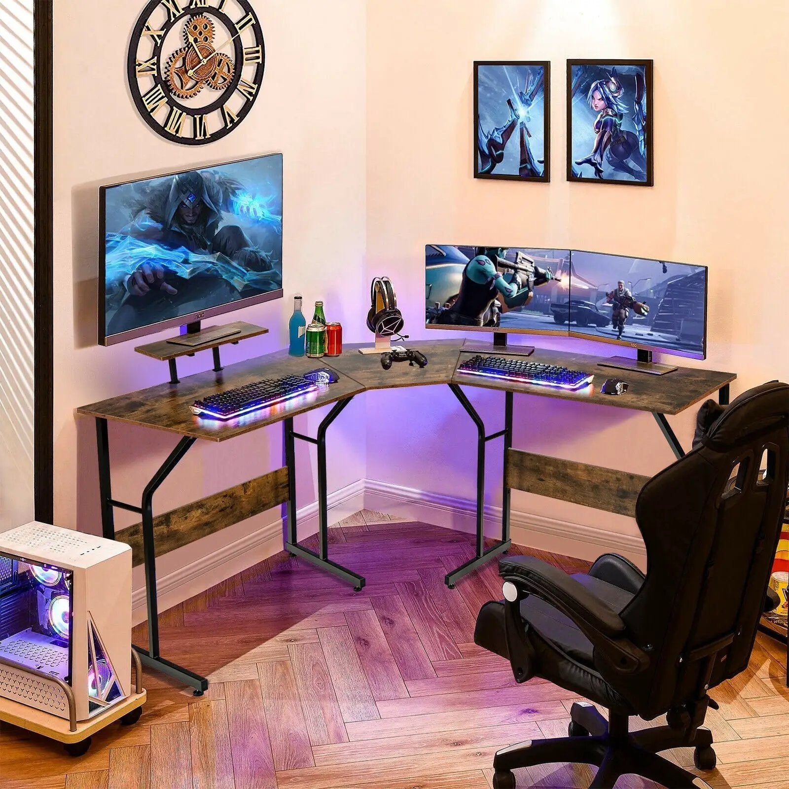 88.5 Inch L Shaped Reversible Computer Desk Table with Monitor Stand by DirectDeals