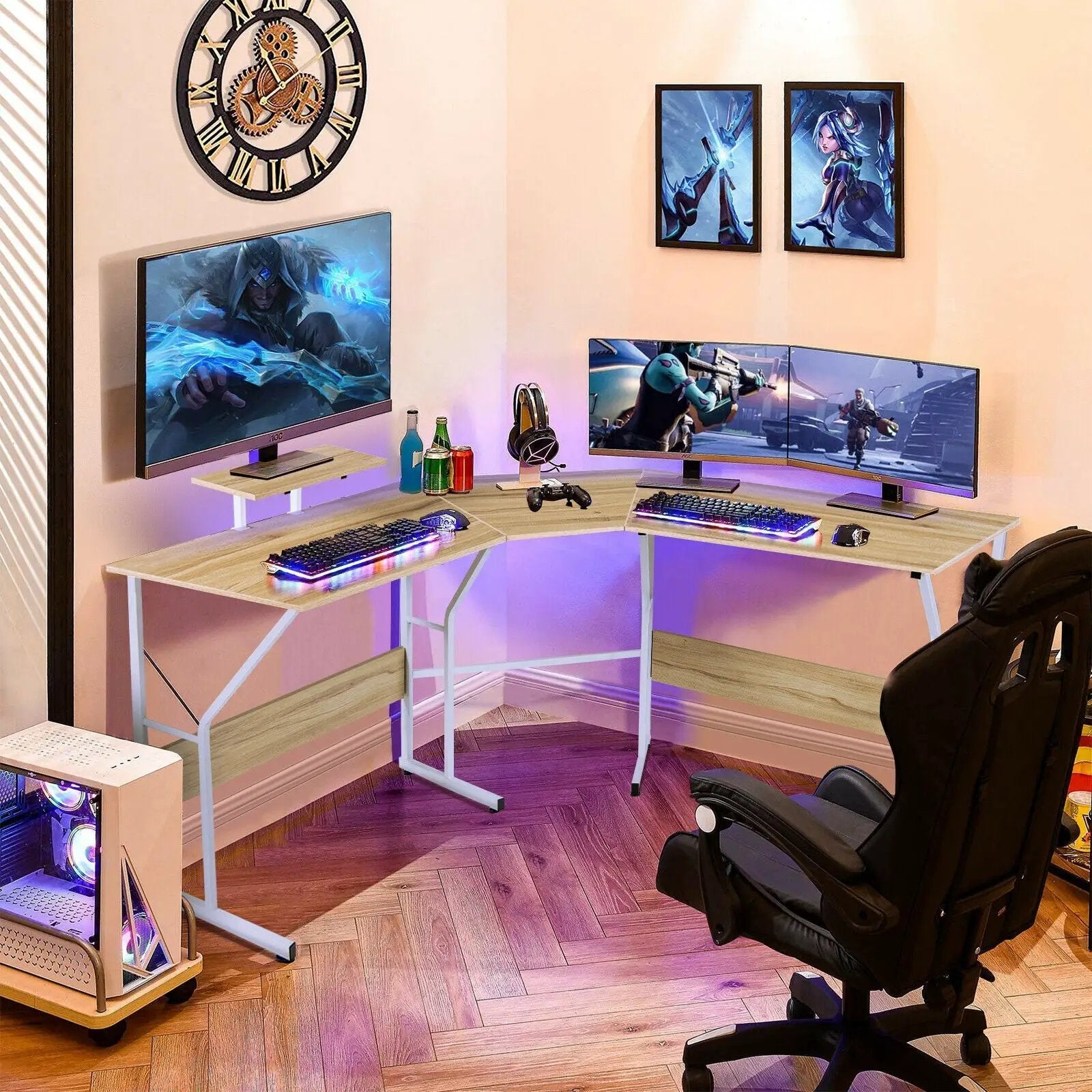 88.5 Inch L Shaped Reversible Computer Desk Table with Monitor Stand by DirectDeals