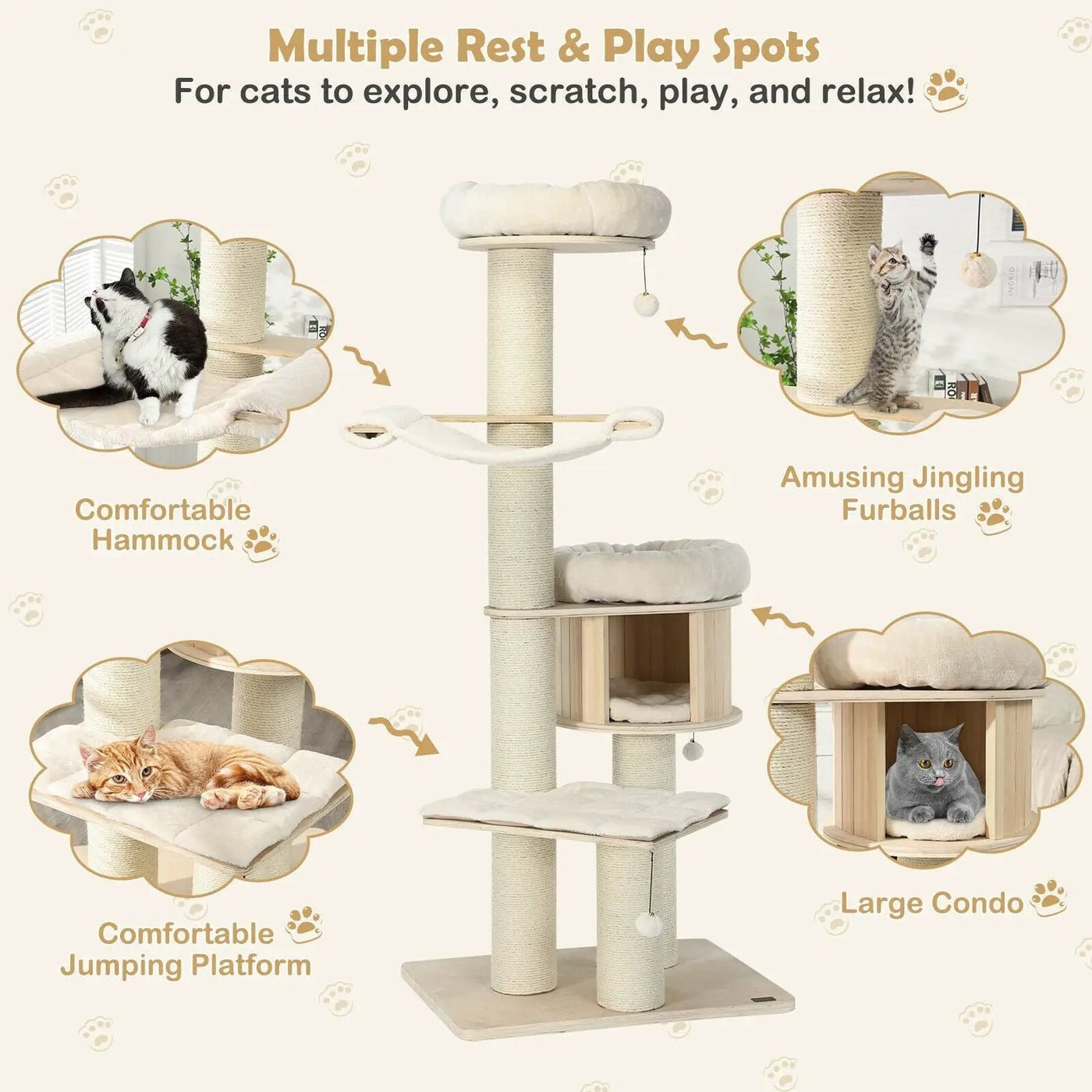 4-Layer 68.5-Inch Wooden Cat Tree Condo Activity Tower with Sisal Posts-Natural by DirectDeals