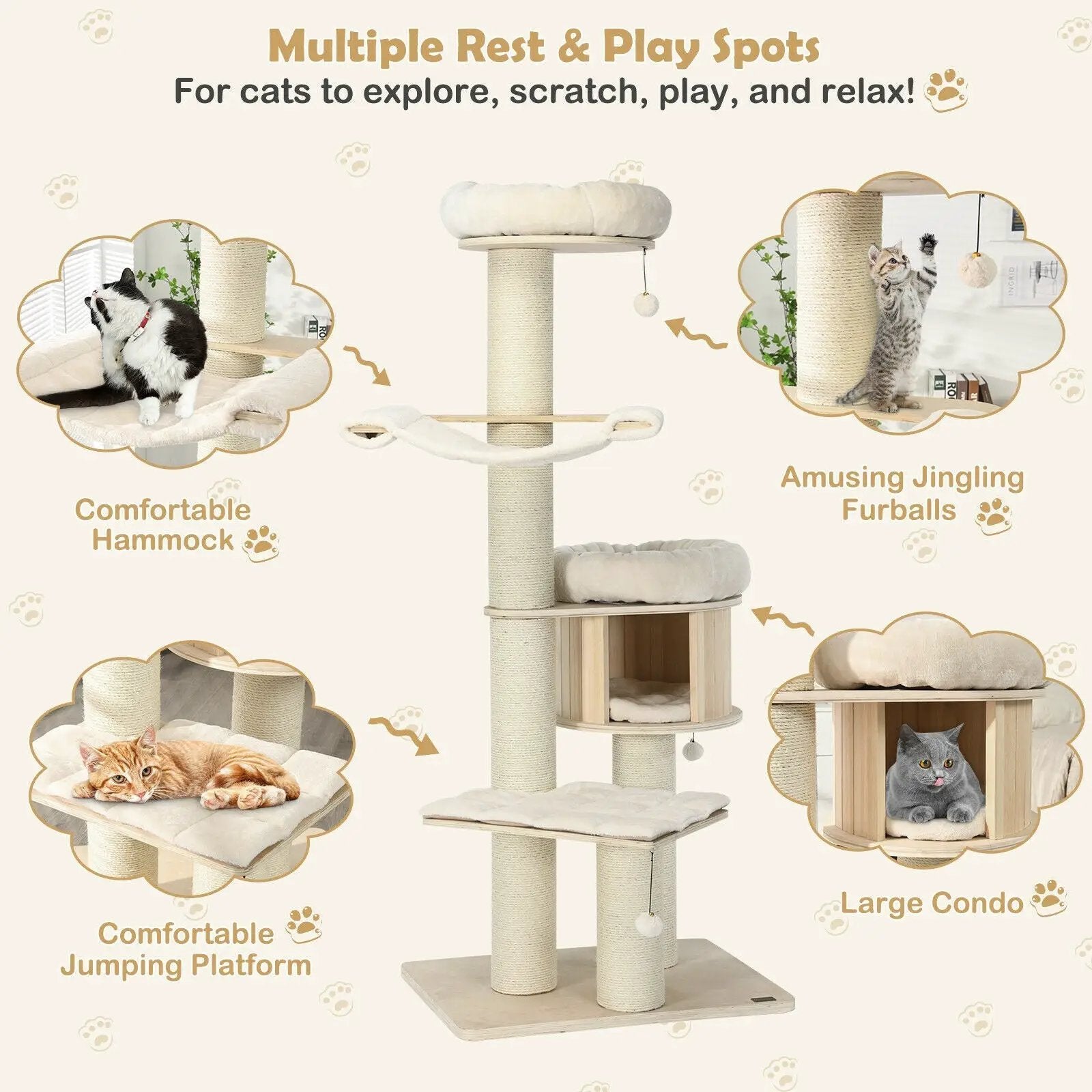4-Layer 68.5-Inch Wooden Cat Tree Condo Activity Tower with Sisal Posts-Natural by DirectDeals