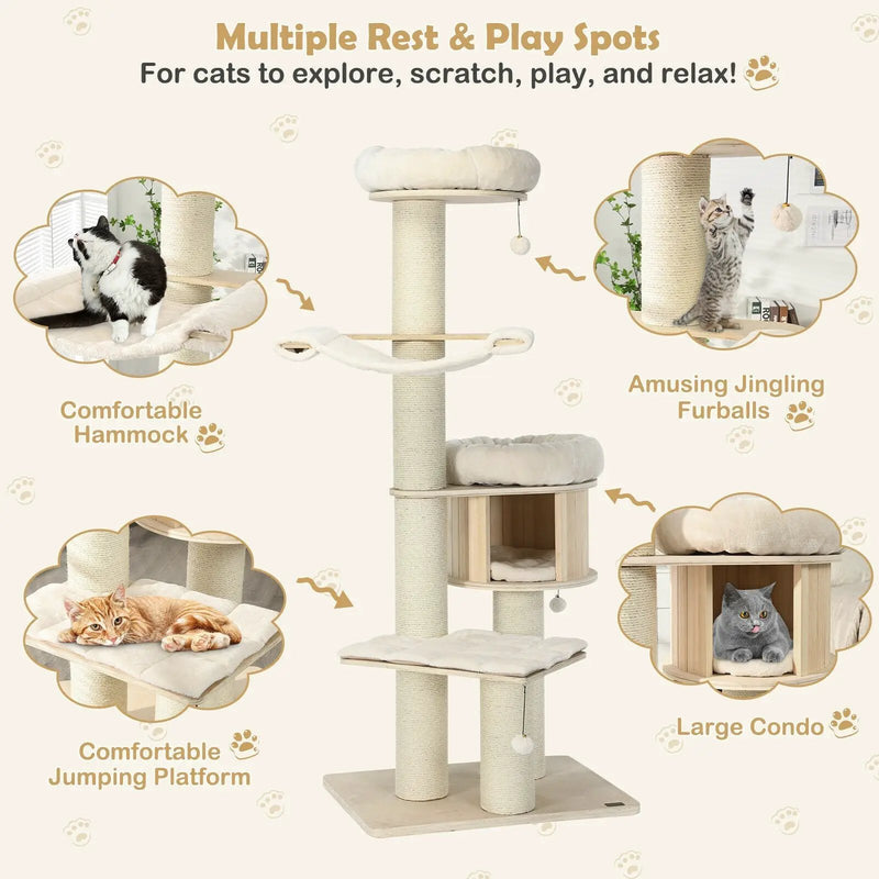 4-Layer 68.5-Inch Wooden Cat Tree Condo Activity Tower with Sisal Posts-Natural by DirectDeals