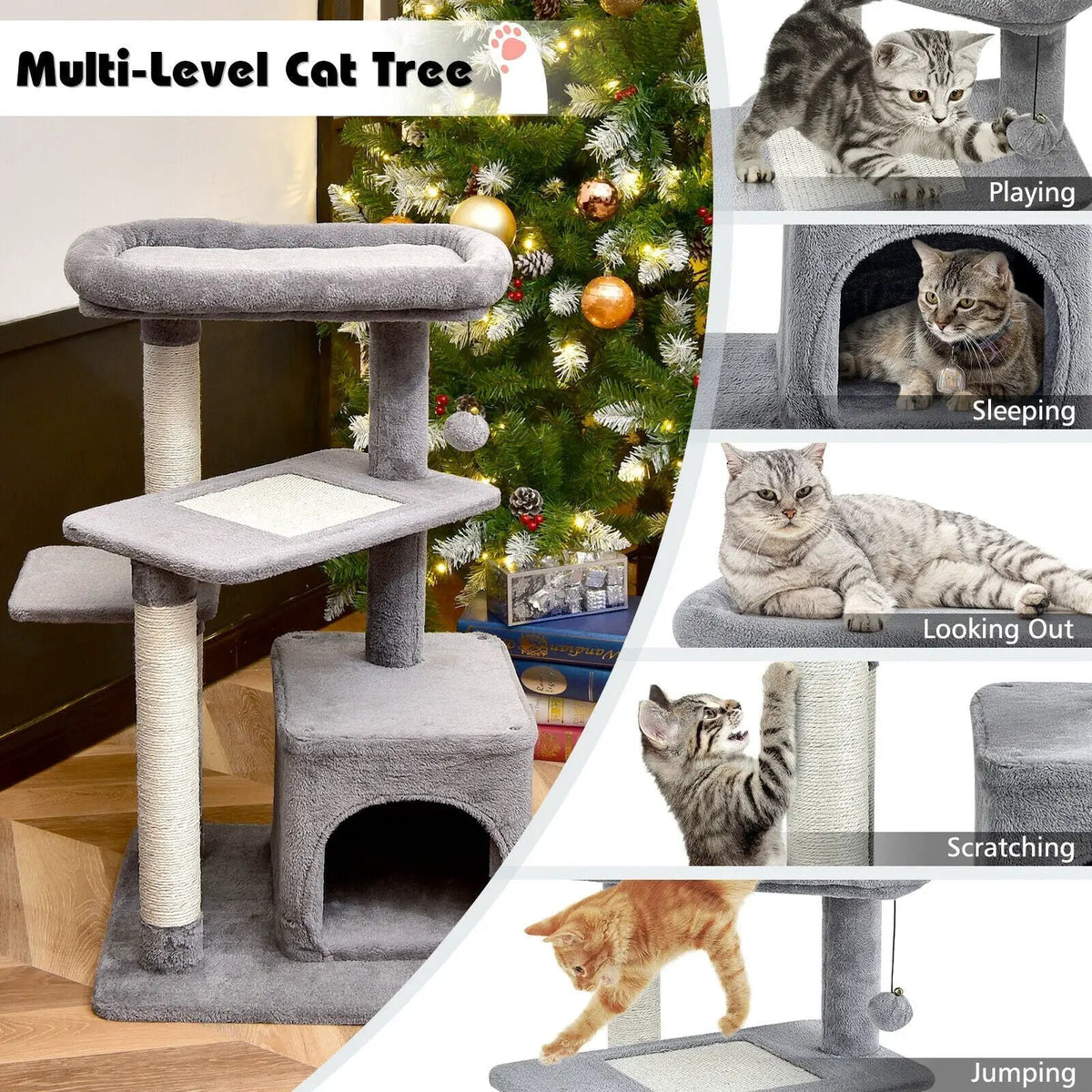 Cat Tree with Perch and Hanging Ball for Indoor Activity Play and Rest by DirectDeals
