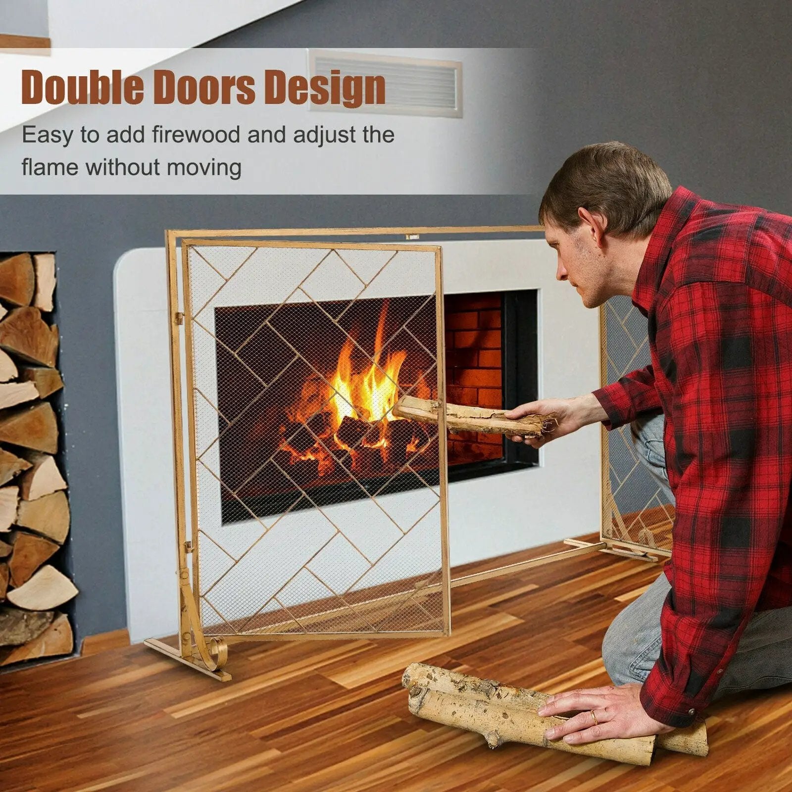 2-Panel Fireplace Screen Folding Metal Fire Place Safety Fence with Magnetic Doors by DirectDeals