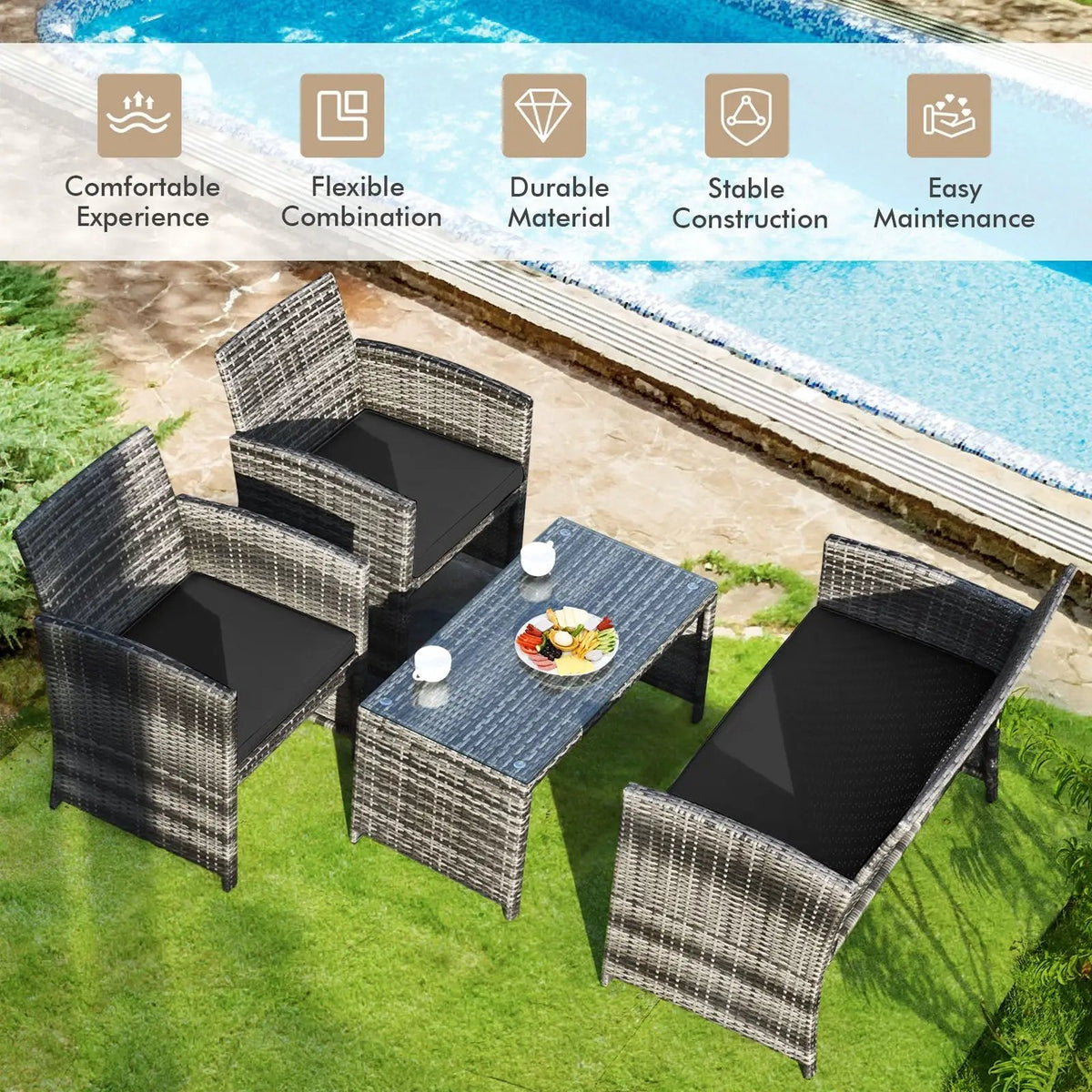 4 Pieces Patio Rattan Furniture Set with Glass Table and Loveseat-Gray by DirectDeals