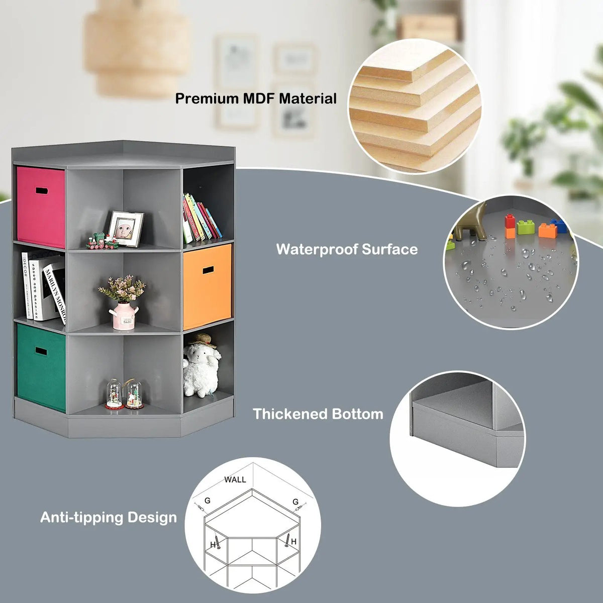 3-Tier Kids Storage Shelf Corner Cabinet with 3 Baskets by DirectDeals