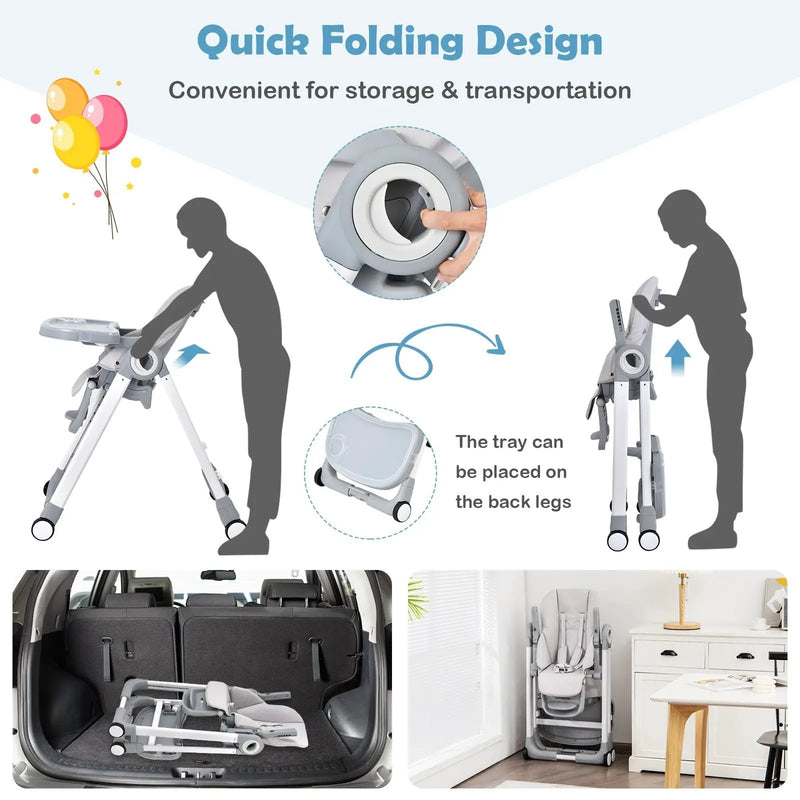 Baby Folding Convertible High Chair with Wheels and Adjustable Height by DirectDeals
