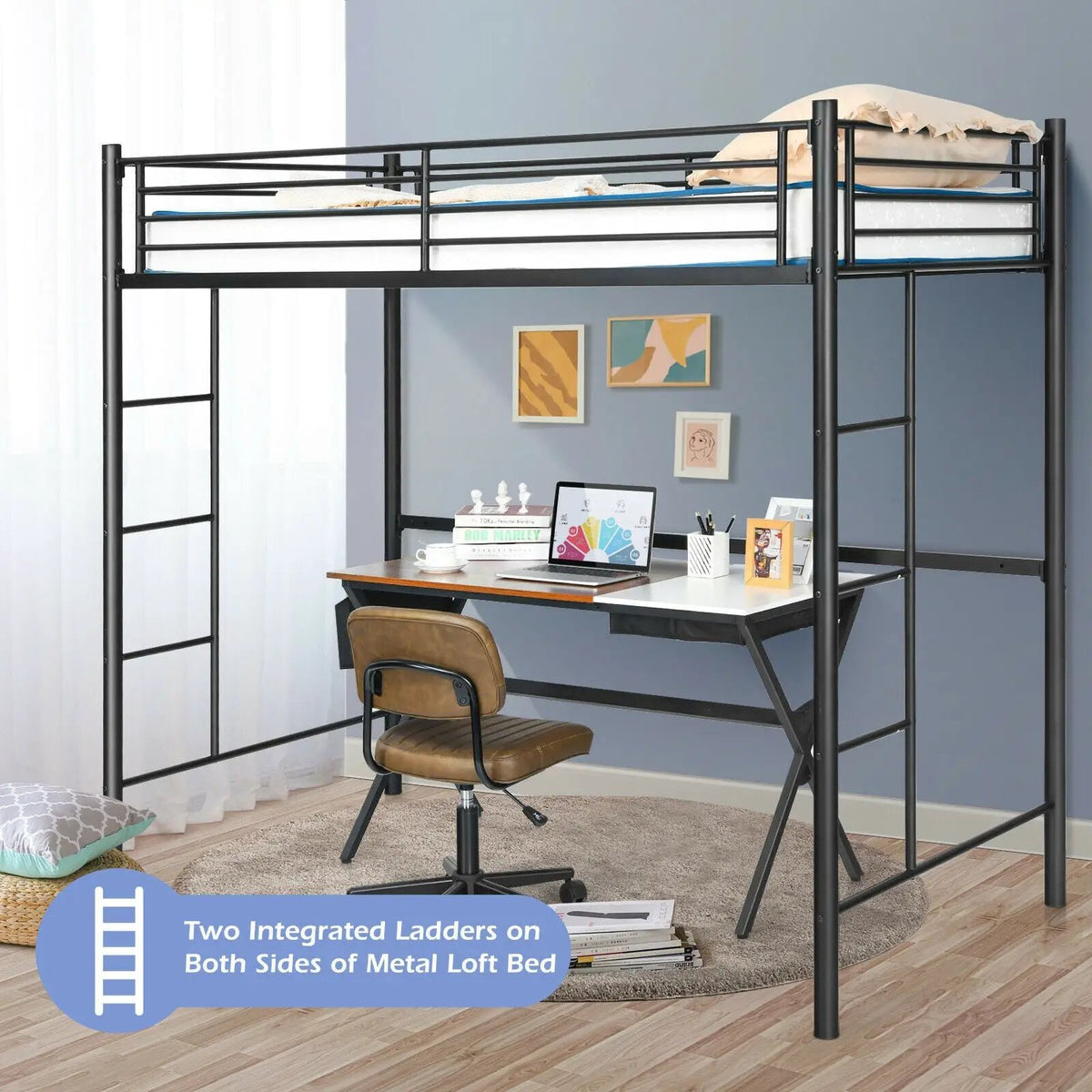 Twin Loft Bed Frame with 2 Ladders Full-length Guardrail by DirectDeals