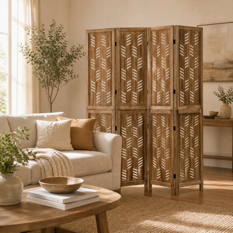 4-Panel Room Divider with Wave Cutout & Paulownia Frame by DirectDeals