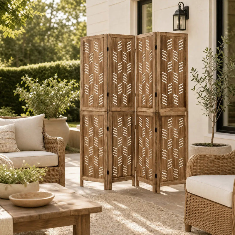 4-Panel Room Divider with Wave Cutout & Paulownia Frame by DirectDeals