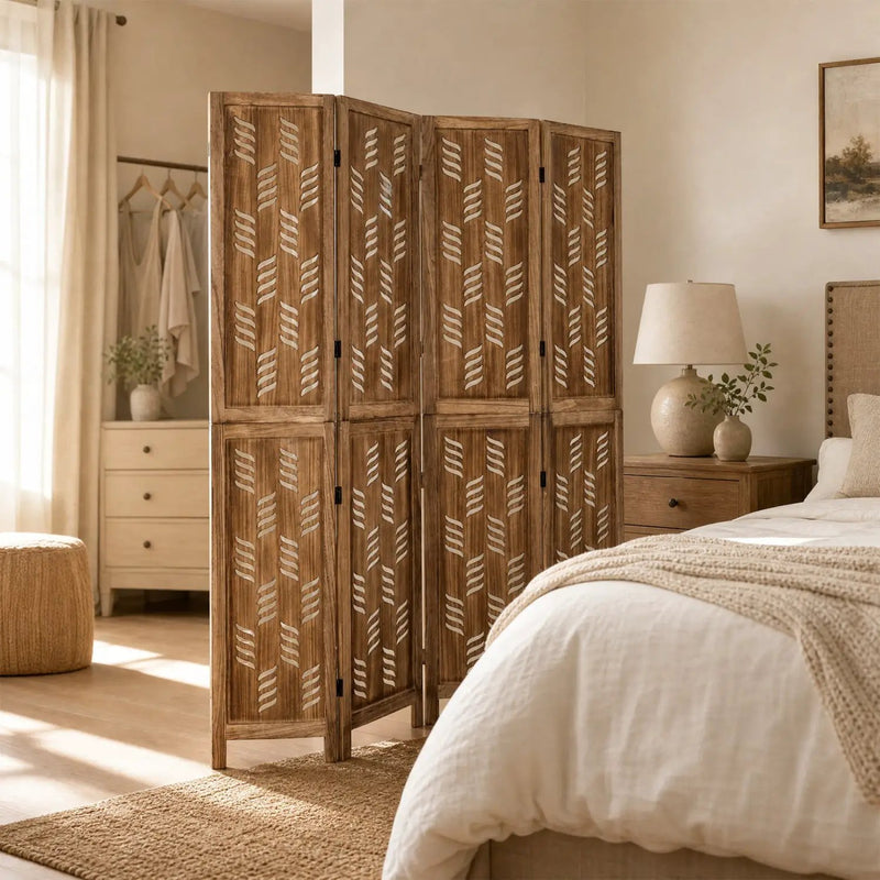 4-Panel Room Divider with Wave Cutout & Paulownia Frame by DirectDeals