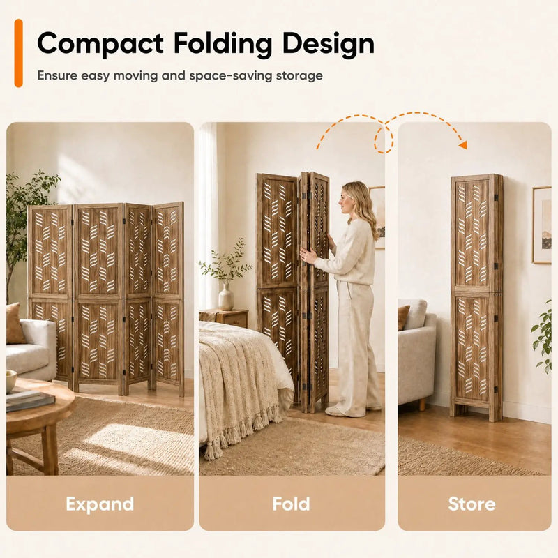 4-Panel Room Divider with Wave Cutout & Paulownia Frame by DirectDeals